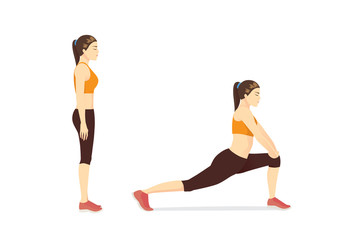 Obraz na płótnie Canvas Woman doing Hip Flexor Stretches to Release Tightness and Gain Flexibility in Your Hips. Illustration about exercise diagram.