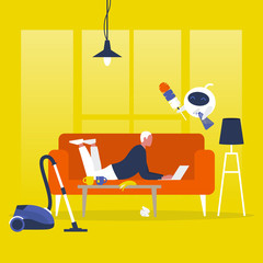 Young male character is lying on the sofa with a laptop while robot is cleaning the apartment with a feather duster and a cleaning spray