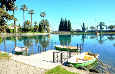A pond with a boating