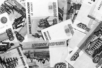 Different Russian rubles close up. Money background black and white