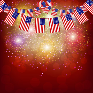 Bright red firework with flags of USA for holidays. Happy America day background.