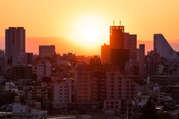 Tokyo, Japan Shinjuku cityscape at sunset with silhouette view of apartment buildings and golden sunlight sun