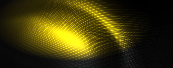 Smoky glowing waves in the dark. Dark abstract background with neon color light and wavy lines. Vector