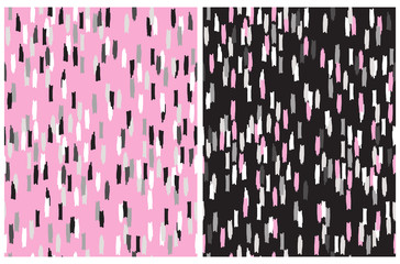 Abstract Hand Drawn Brush Stripes Vector Patterns Set. Gray, Black and White Stripes on a Pink Backgrounds. Pink, Gray  and White Brush Lines on a Black Layout. Irregular Geometric Repeatable Design.