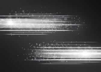 Laser silver white glow vector streams. Motion effect light blinking with glitter sparks on dark background. Light energy shots illustration for hi-tech design. Power neon flow of high speed particles