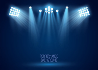 Floodlight, light projectors vector set for sports event, music show on the scene. Presentation, concert banner. Night entertainment, premiere poster. Club illumination for party, performance. - obrazy, fototapety, plakaty
