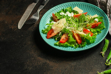 salad vegetables - tomato, lettuce, cheese, microgreen and salad dressing. food background. top