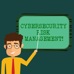 Text sign showing Cybersecurity Risk Management. Conceptual photo Identifying threats and applying actions Man Standing Holding Stick Pointing to Wall Mounted Blank Color Board