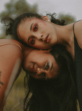 Portrait of two women with eyeshadow