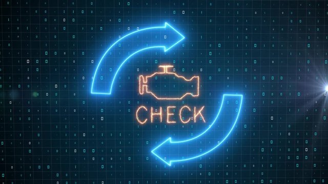 Check engine light symbol that pops up on dashboard when something goes wrong with the engine.Signal "check engine" in a neon style with rotating arrows, Futuristic automotive background