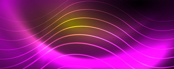 Bright neon circles and wave lines, glowing shiny background design template, digital techno concept.