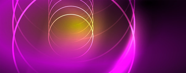Bright neon circles and wave lines, glowing shiny background design template, digital techno concept.