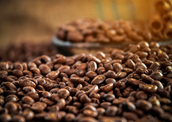 coffee beans on burlap background