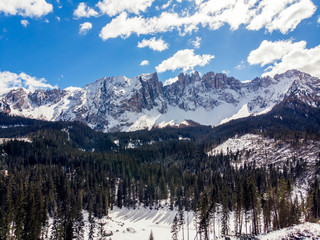Autumn Dolomites panorama photo, sunny day Italy. Aerial view