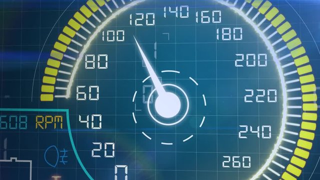 Speedometer with dashboard. The car picks up speed. electric vehicle dashboard, digital display of temperature, course made.