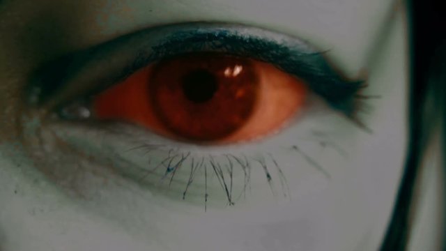 Macro shot of the red devil eye. Horror scene.