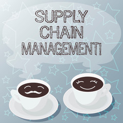 Handwriting text writing Supply Chain Management. Concept meaning analysisagement of the flow of goods and services Sets of Cup Saucer for His and Hers Coffee Face icon with Blank Steam