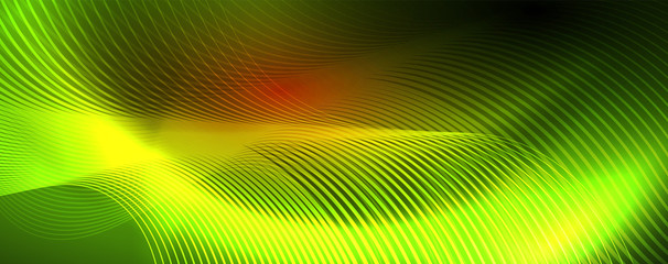 Bright neon circles and wave lines, glowing shiny background design template, digital techno concept.