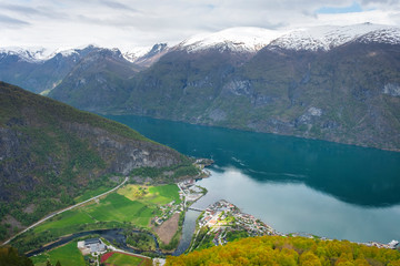 Panoramic views of Aurland Fjord Stegastein viewpoint in spring in Norway