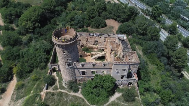 Barcelona. Aerial view in Colonia Guell and Cripta Gaudi. Santa Coloma de Cervello.Spain. 4k Drone Video