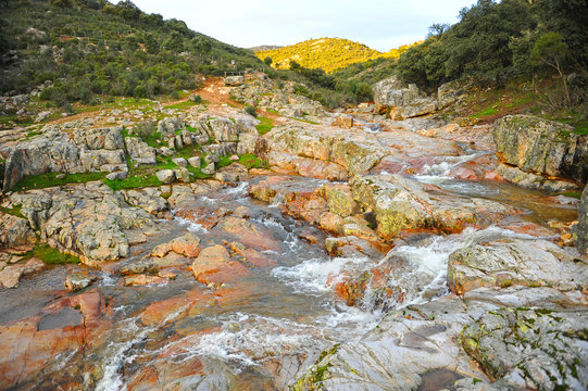 Waterfall of La Batanera or "Chorrera de los Batanes" near Fuencaliente village in Natural Park Valley of Alcudia and Sierra Madrona , province of Ciudad Real, Castilla la Mancha, Spain