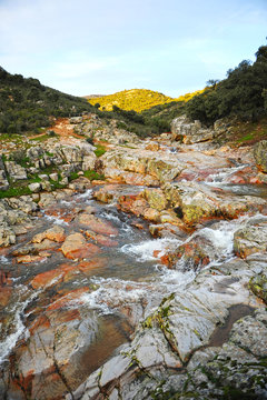Waterfall of La Batanera or "Chorrera de los Batanes" near Fuencaliente village in Natural Park Valley of Alcudia and Sierra Madrona , province of Ciudad Real, Castilla la Mancha, Spain