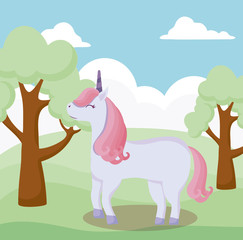 cute unicorn animal in landscape