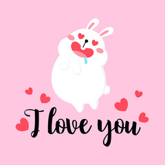 Obraz na płótnie Canvas Cute cartoon card with rabbit. Vector illustration. Valentine s day concept. Bunny funny print