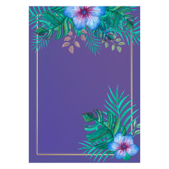 Watercolor flowers and tropical leaves. Frame.