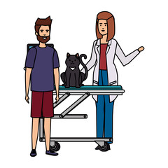 female veterinary with cat in stretcher vector illustration
