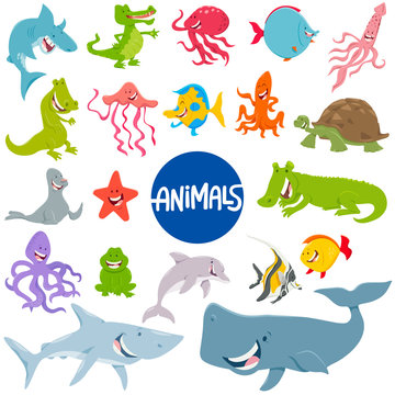 cartoon marine animal characters set