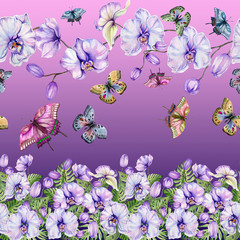 Beautiful exotic orchid flowers, monstera leaves and flying butterflies on background. Seamless tropical floral pattern, border. Watercolor painting. Hand drawn illustration.