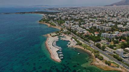 Aerial drone bird's eye view of famous seascape of Athens Riviera, Voula, Athens Riviera, Attica, Greece