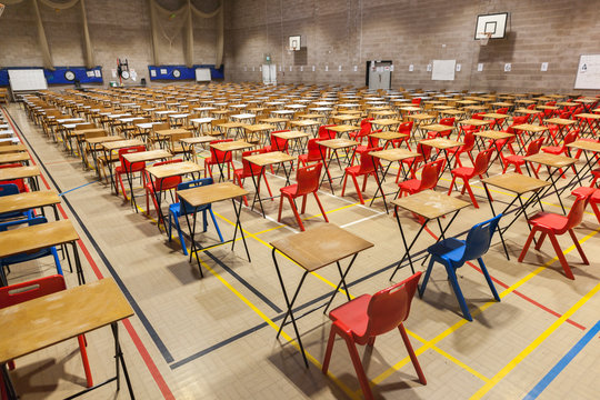 Exam Tables Set Up In A Sports Hall For Exams In A High School & Sixth Form