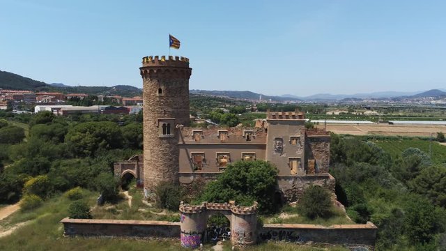 Barcelona. Aerial view in Colonia Guell and Cripta Gaudi. Santa Coloma de Cervello.Spain. 4k Drone Video