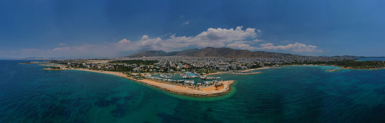 Aerial drone panoramic photo of famous seaside area of Glyfada, Attica, Athens riviera, Greece