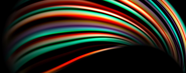 Fluid color rainbow style wave abstract background, techno modern design on black