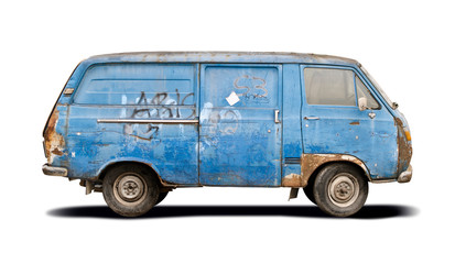 Old blue battered van side view isolated on white