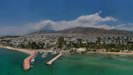 Fototapeta na wymiar Aerial drone panoramic photo of famous seaside area of Glyfada, Attica, Athens riviera, Greece