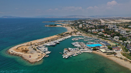 Fototapeta na wymiar Aerial drone panoramic photo of famous seaside area of Glyfada, Attica, Athens riviera, Greece