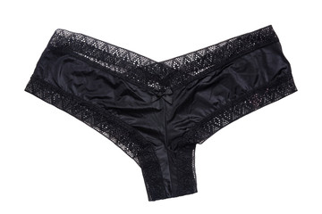 Underwear woman isolated. Close-up of luxurious elegant black lacy thongs panties isolated on a...