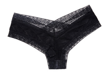 Underwear woman isolated. Close-up of luxurious elegant black lacy thongs panties isolated on a...