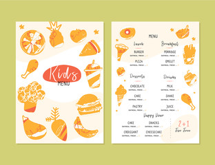 Modern doodle Kids menu, great design for any purposes. Healthy food breakfast. Cooking concept for restaurant, cafe