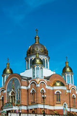 Fototapeta na wymiar Cathedral against the blue sky. Cathedral with golden domes. St. Pokrovsky Cathedral