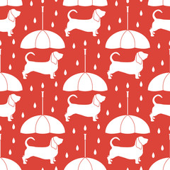 Seamless pattern with rain, dog under an umbrella