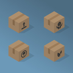 Fototapeta premium Set of Isometric Postage Parcel Boxes with Various Symbols