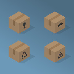 Set of Isometric Postage Parcel Boxes with Various Symbols