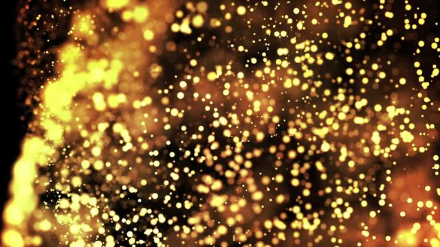 gold particles in liquid float and glisten. Background with glittering golden particles depth of field and bokeh. Luma matte to cut out glowing particles for holiday presentations. 4k 3d animation. 38