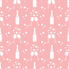 Seamless holiday pattern. Hearts, glasses, bottle