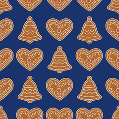 Seamless pattern with gingerbread bells and hearts